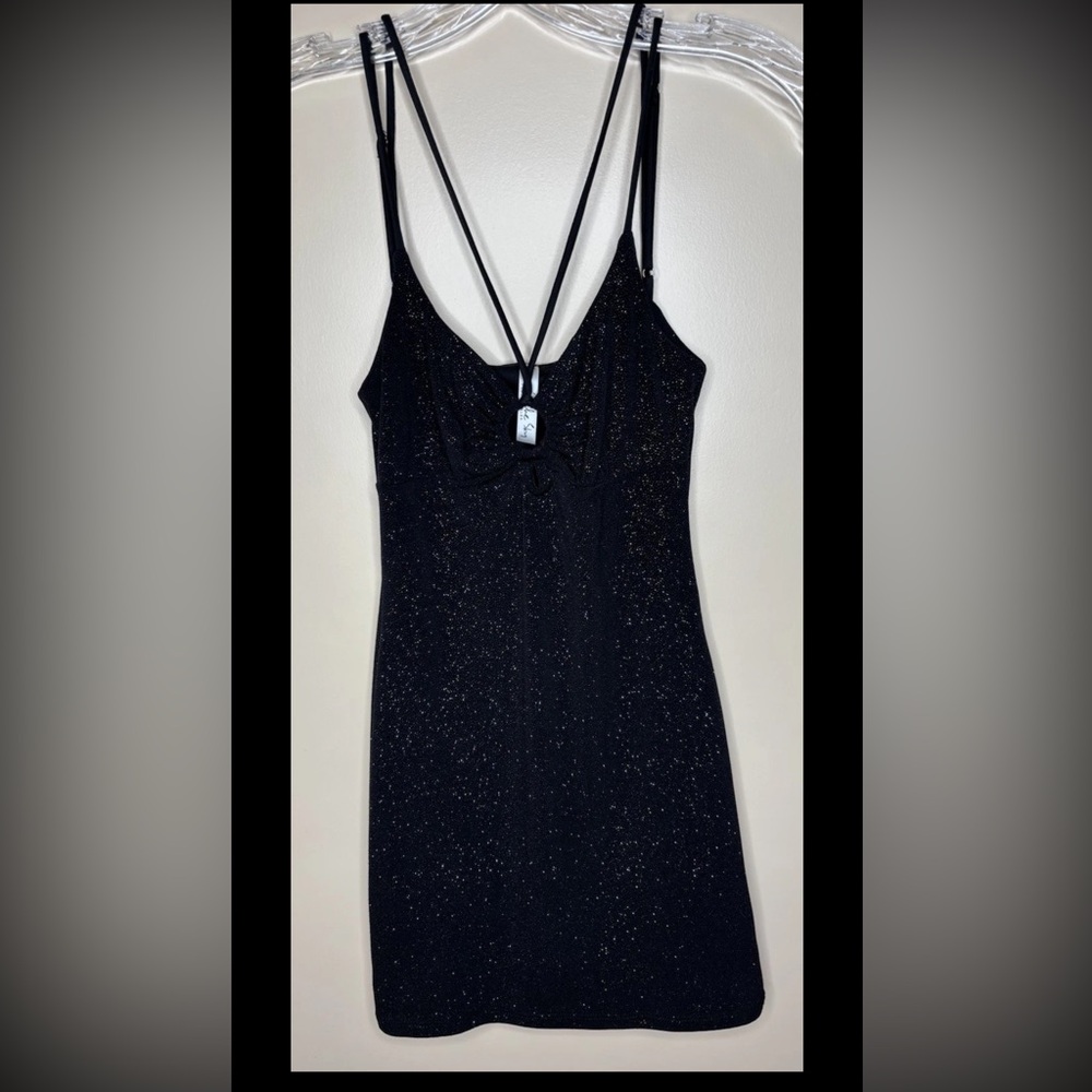 Lucy In The Sky Black Sparkle Bodycon Dress Spaghetti Straps Keyhole Neckline XS